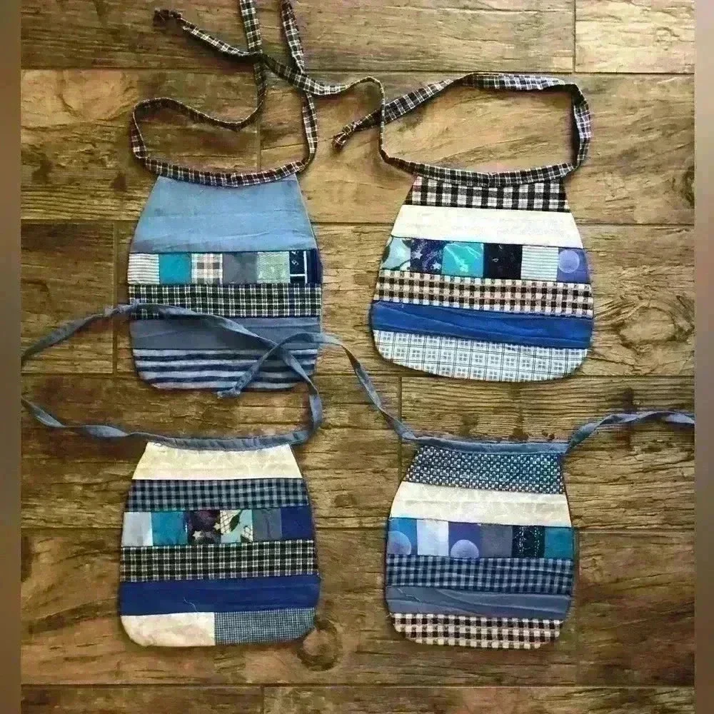 LOT OF 4 BABY BOY DENIM UPCYCLED MATERIAL QUILT BIBS